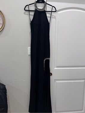 Ieena for MAC DUGGAL Elegant Black Halter Evening Gown with Crystal Accents